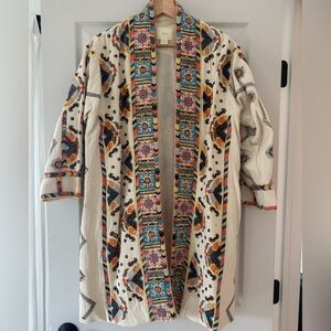 Embroidered Beaded Boho Open Front Jacket - Ivory with Multicolor Trim